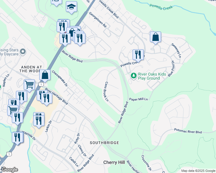 map of restaurants, bars, coffee shops, grocery stores, and more near 16933 Cass Brook Lane in Woodbridge