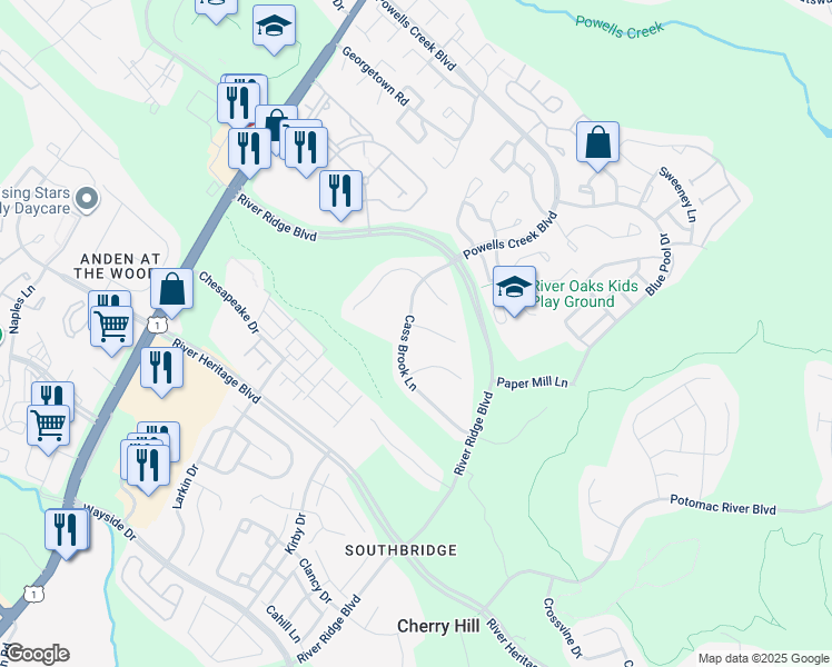 map of restaurants, bars, coffee shops, grocery stores, and more near 16933 Cass Brook Lane in Woodbridge