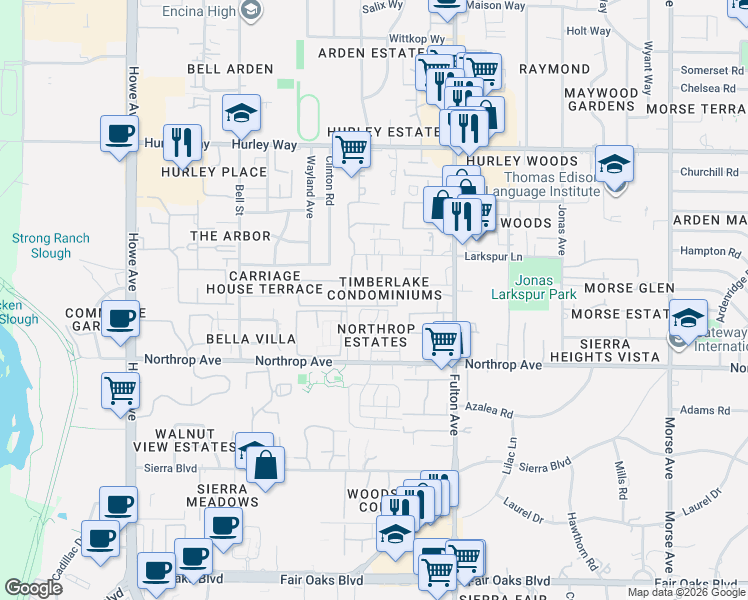 map of restaurants, bars, coffee shops, grocery stores, and more near 2408 Cava Court in Sacramento