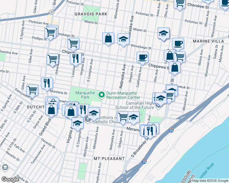 map of restaurants, bars, coffee shops, grocery stores, and more near 4016 Pennsylvania Avenue in St. Louis