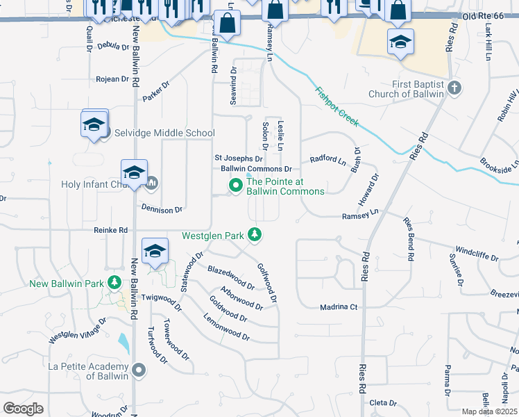 map of restaurants, bars, coffee shops, grocery stores, and more near 223 Coachgate Lane in Ballwin
