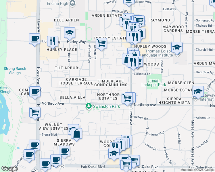 map of restaurants, bars, coffee shops, grocery stores, and more near 2408 Cava Court in Sacramento