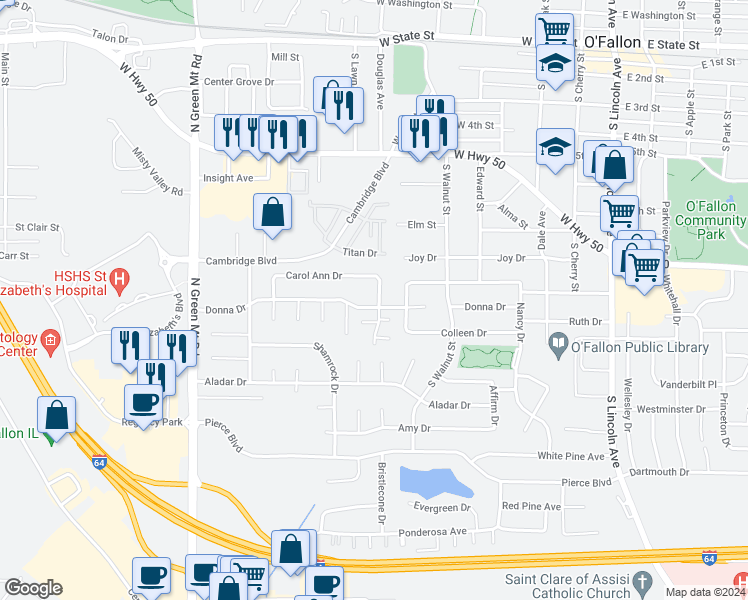 map of restaurants, bars, coffee shops, grocery stores, and more near 909 Terrace Court in O'Fallon