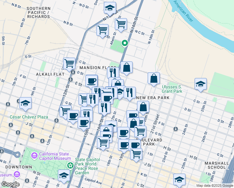 map of restaurants, bars, coffee shops, grocery stores, and more near 1616 E Street in Sacramento