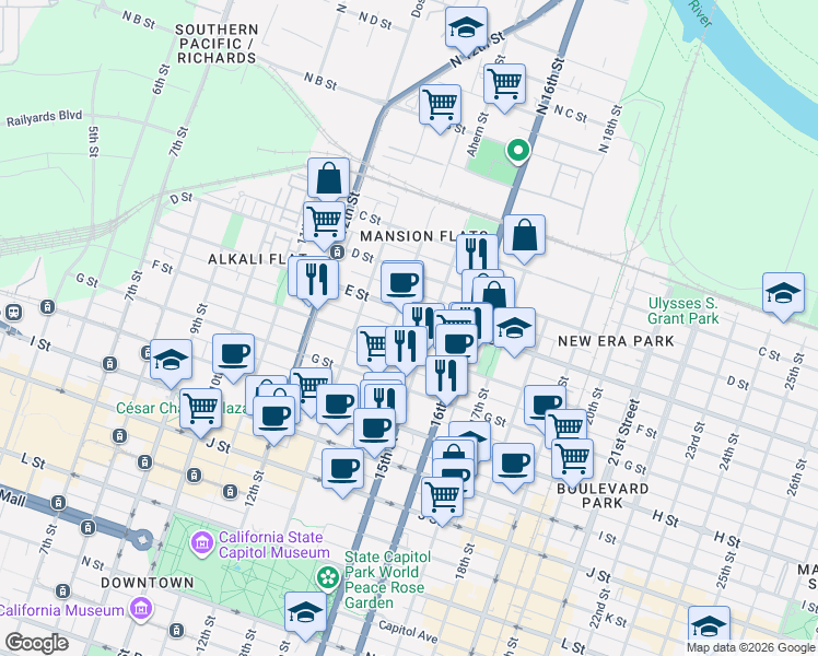map of restaurants, bars, coffee shops, grocery stores, and more near in Sacramento