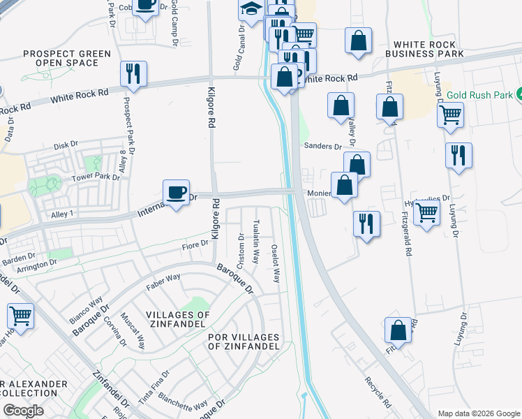map of restaurants, bars, coffee shops, grocery stores, and more near 3301 Tualatin Way in Gold River