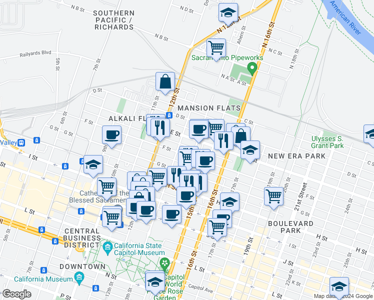 map of restaurants, bars, coffee shops, grocery stores, and more near 1317 F Street in Sacramento
