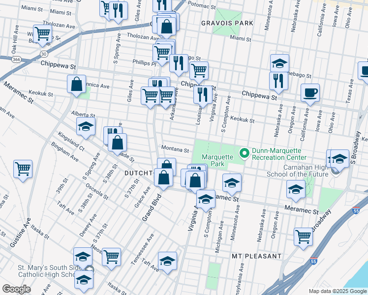 map of restaurants, bars, coffee shops, grocery stores, and more near 3423 Montana Street in St. Louis