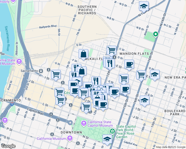 map of restaurants, bars, coffee shops, grocery stores, and more near 1030 G Street in Sacramento
