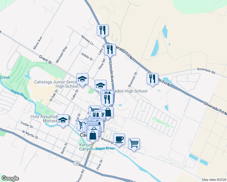 map of restaurants, bars, coffee shops, grocery stores, and more near Lincoln Street & Brannan Street in Calistoga