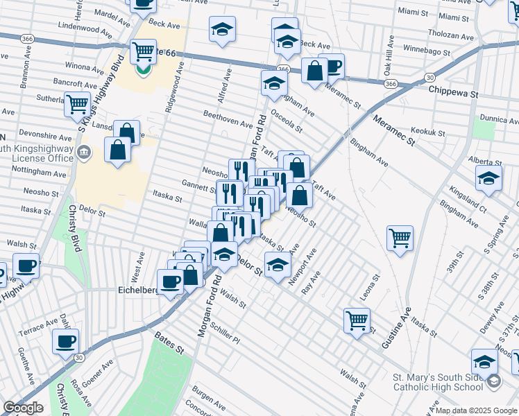 map of restaurants, bars, coffee shops, grocery stores, and more near 4645 Gravois Avenue in St. Louis