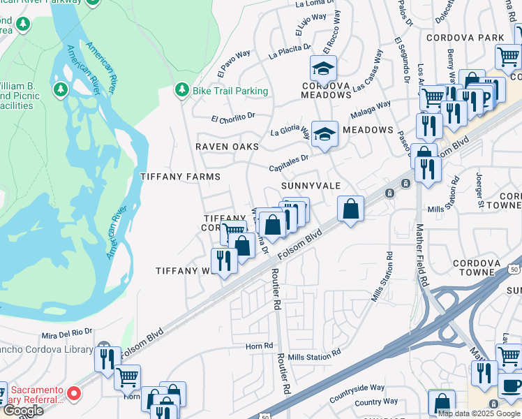 map of restaurants, bars, coffee shops, grocery stores, and more near 2080 West La Loma Drive in Rancho Cordova