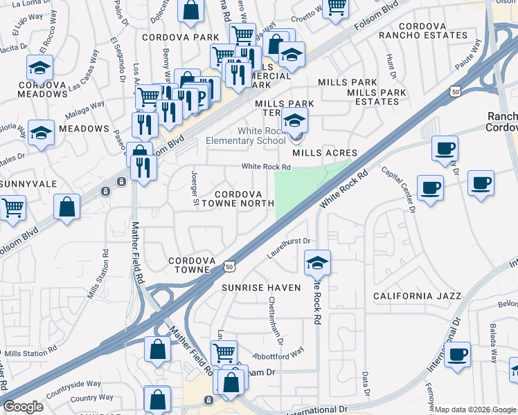map of restaurants, bars, coffee shops, grocery stores, and more near 3065 Swansea Way in Rancho Cordova