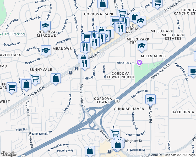 map of restaurants, bars, coffee shops, grocery stores, and more near 2958 Winchester Way in Rancho Cordova