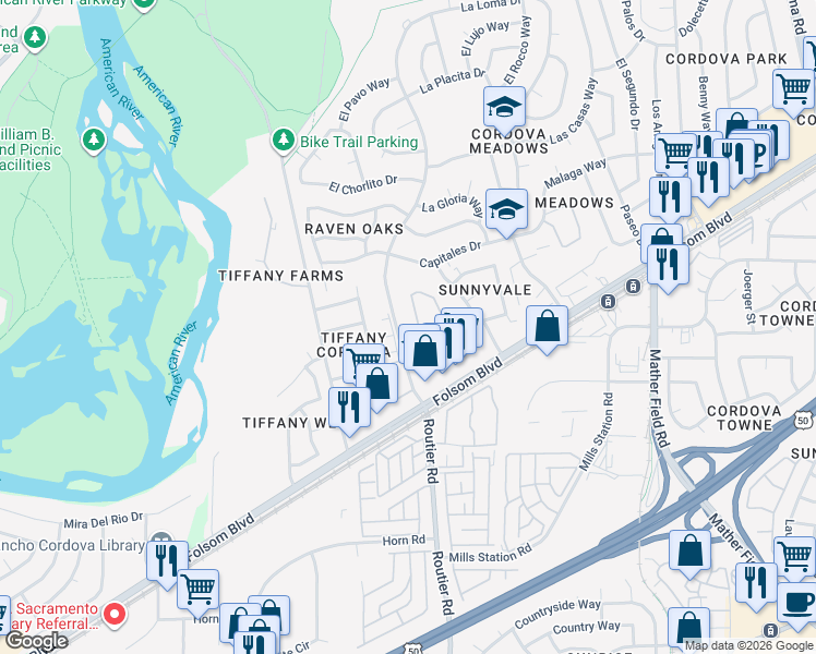 map of restaurants, bars, coffee shops, grocery stores, and more near 4 Terra Loma Drive in Rancho Cordova