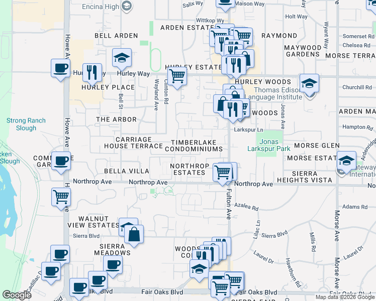 map of restaurants, bars, coffee shops, grocery stores, and more near 2408 Cava Court in Sacramento