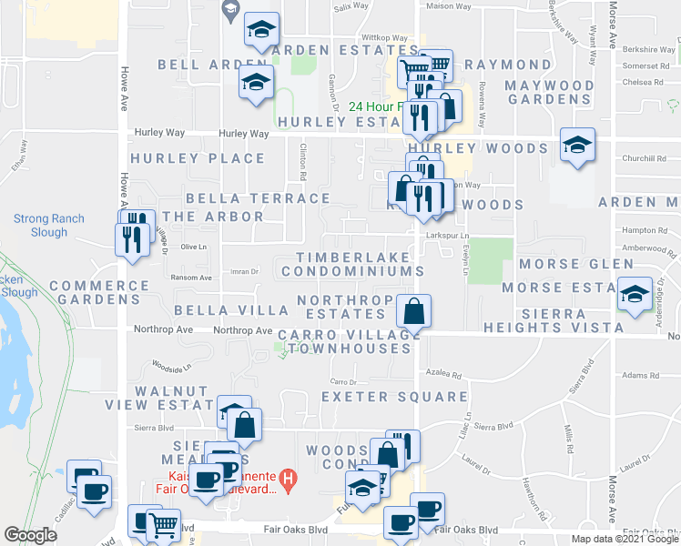 map of restaurants, bars, coffee shops, grocery stores, and more near 2408 Cava Court in Sacramento