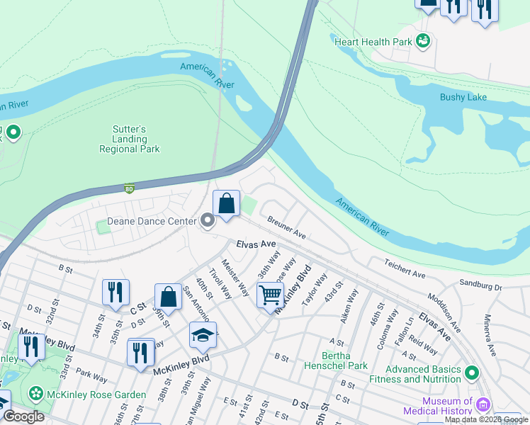 map of restaurants, bars, coffee shops, grocery stores, and more near 3826 Breuner Avenue in Sacramento