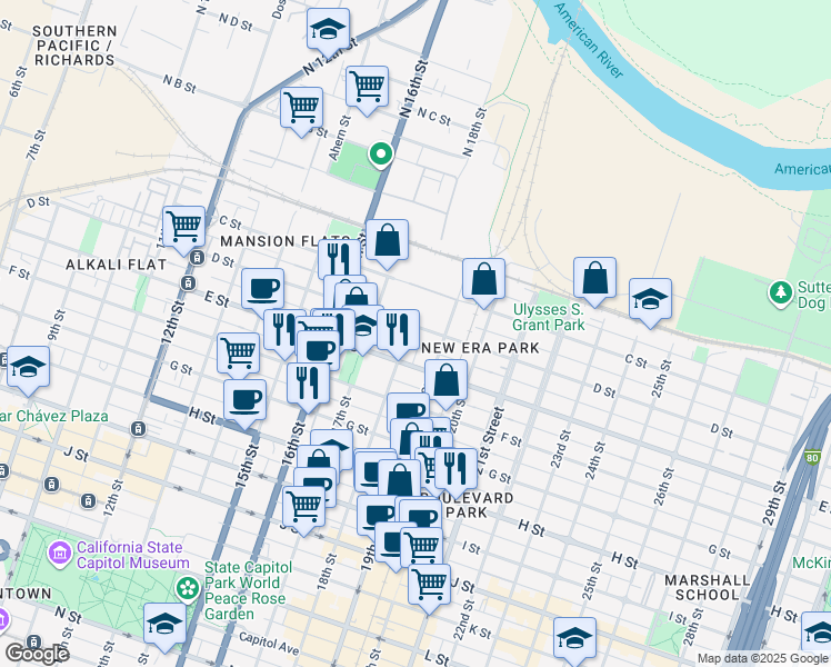 map of restaurants, bars, coffee shops, grocery stores, and more near 418 19th Street in Sacramento