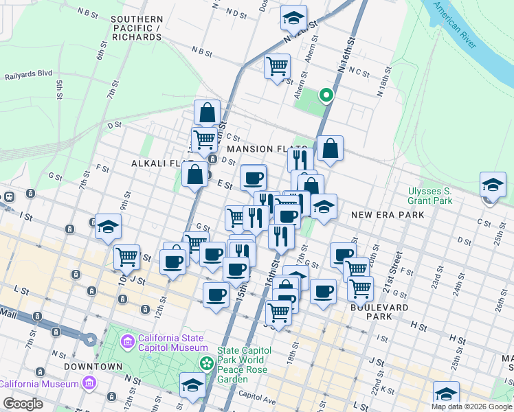 map of restaurants, bars, coffee shops, grocery stores, and more near 1423 F Street in Sacramento