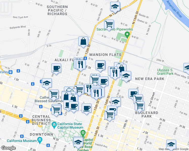 map of restaurants, bars, coffee shops, grocery stores, and more near 1322 F Street in Sacramento