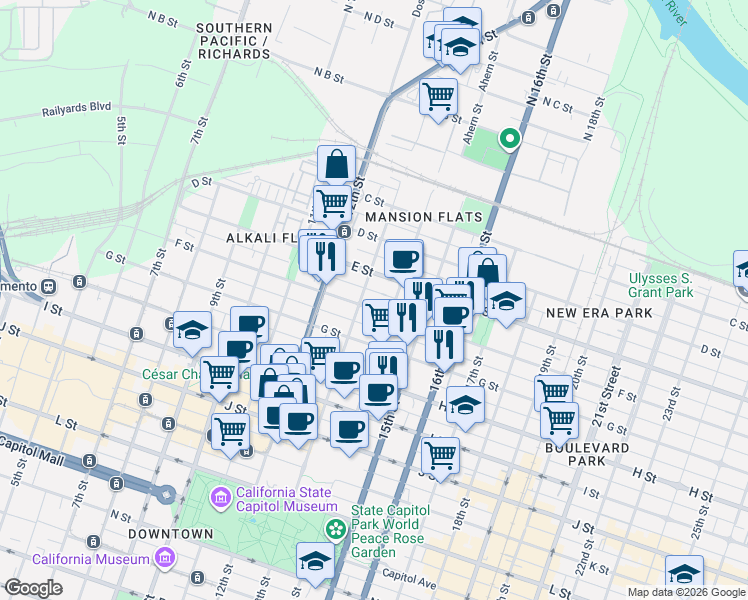 map of restaurants, bars, coffee shops, grocery stores, and more near 1322 F Street in Sacramento