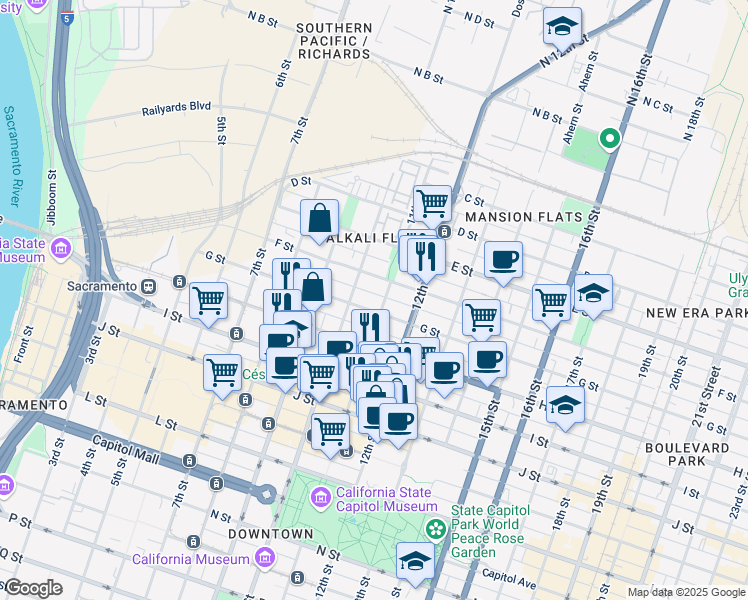 map of restaurants, bars, coffee shops, grocery stores, and more near 1030 G Street in Sacramento