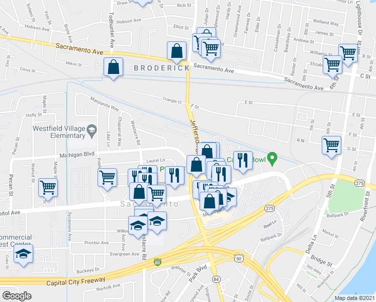 map of restaurants, bars, coffee shops, grocery stores, and more near 512 Michigan Boulevard in West Sacramento