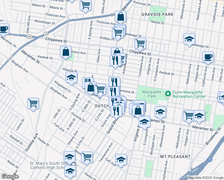 map of restaurants, bars, coffee shops, grocery stores, and more near in St. Louis