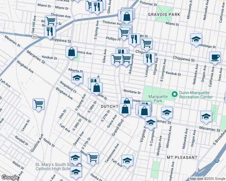 map of restaurants, bars, coffee shops, grocery stores, and more near 3643 Gasconade Street in St. Louis