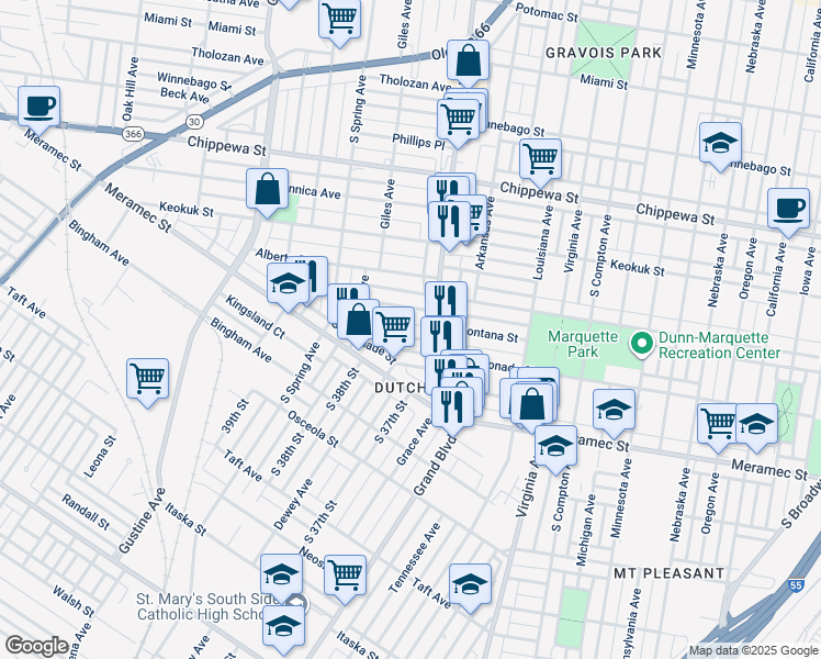 map of restaurants, bars, coffee shops, grocery stores, and more near 3643 Gasconade Street in St. Louis