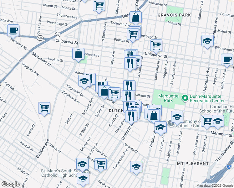 map of restaurants, bars, coffee shops, grocery stores, and more near 3643 Gasconade Street in St. Louis