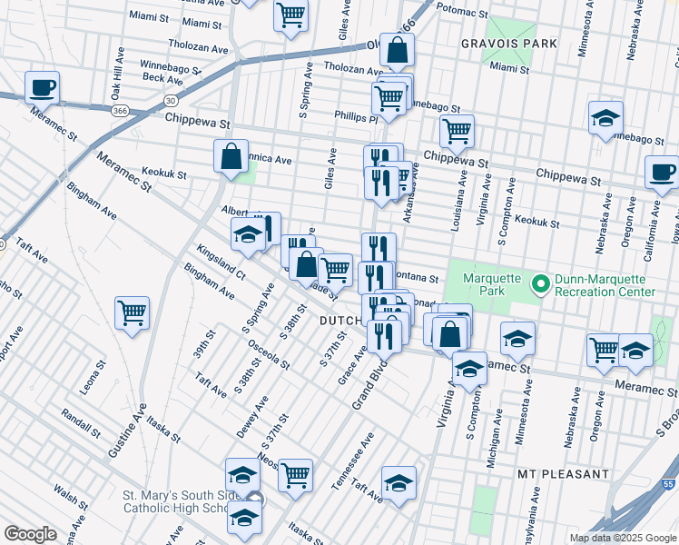 map of restaurants, bars, coffee shops, grocery stores, and more near 3643 Gasconade Street in St. Louis
