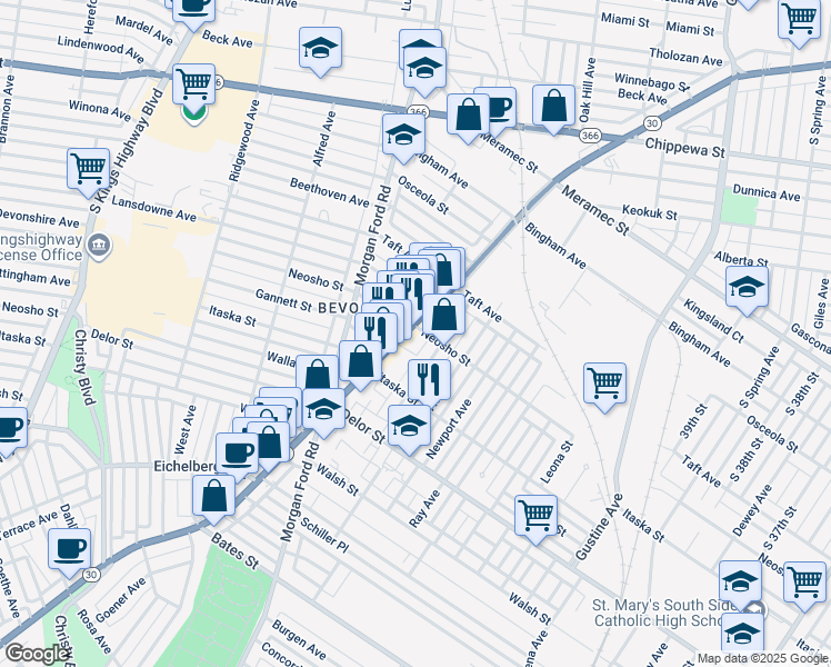 map of restaurants, bars, coffee shops, grocery stores, and more near 4180 Newport Court in St. Louis