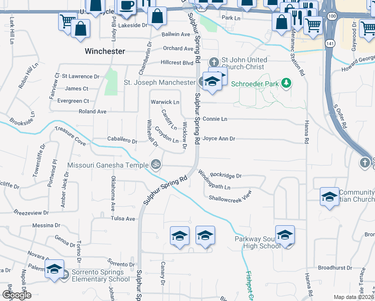map of restaurants, bars, coffee shops, grocery stores, and more near 611 Sulphur Spring Road in Ballwin