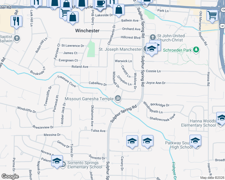 map of restaurants, bars, coffee shops, grocery stores, and more near 429 Woodland Hill Court in Ballwin