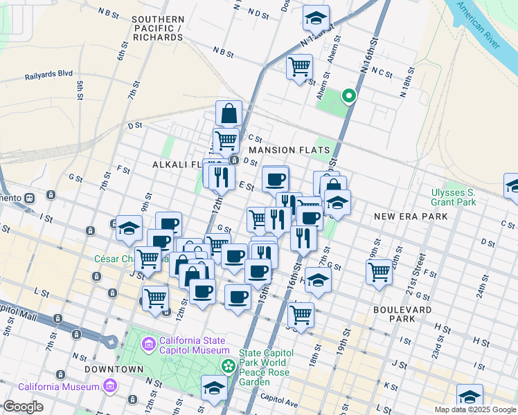 map of restaurants, bars, coffee shops, grocery stores, and more near 1322 F Street in Sacramento