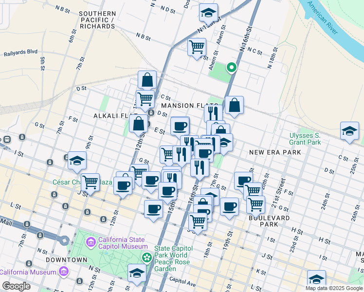map of restaurants, bars, coffee shops, grocery stores, and more near 1423 F Street in Sacramento
