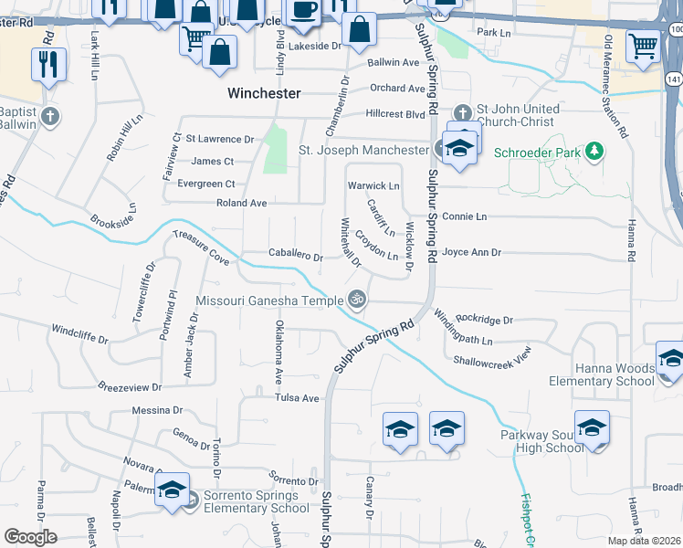map of restaurants, bars, coffee shops, grocery stores, and more near 429 Woodland Hill Court in Ballwin