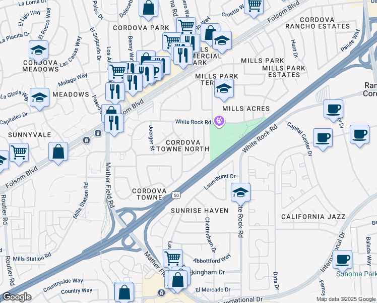 map of restaurants, bars, coffee shops, grocery stores, and more near 10411 Blackburn Way in Rancho Cordova