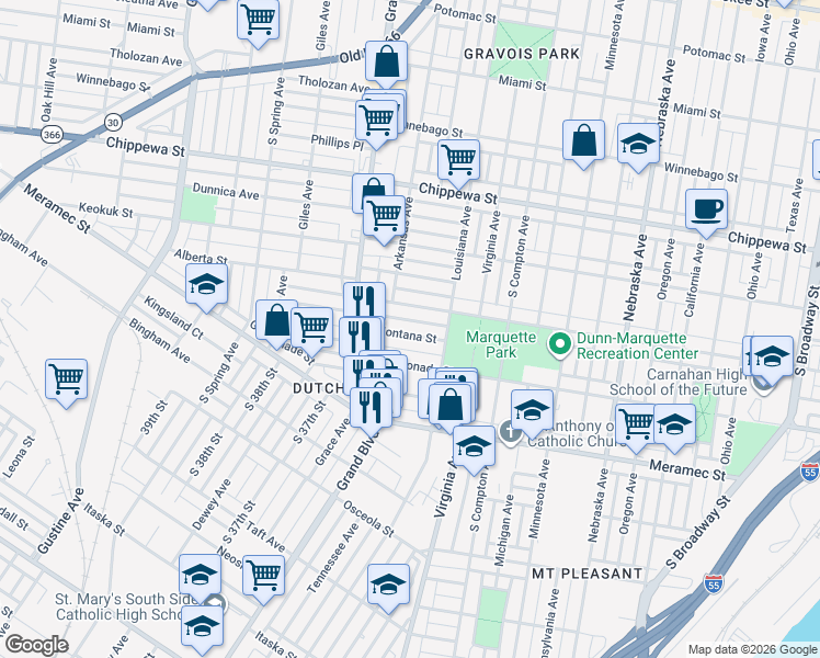 map of restaurants, bars, coffee shops, grocery stores, and more near 3437 Montana Street in St. Louis