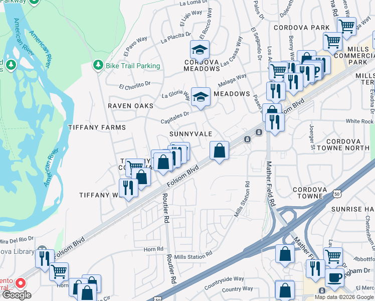 map of restaurants, bars, coffee shops, grocery stores, and more near 2722 Bravado Drive in Rancho Cordova