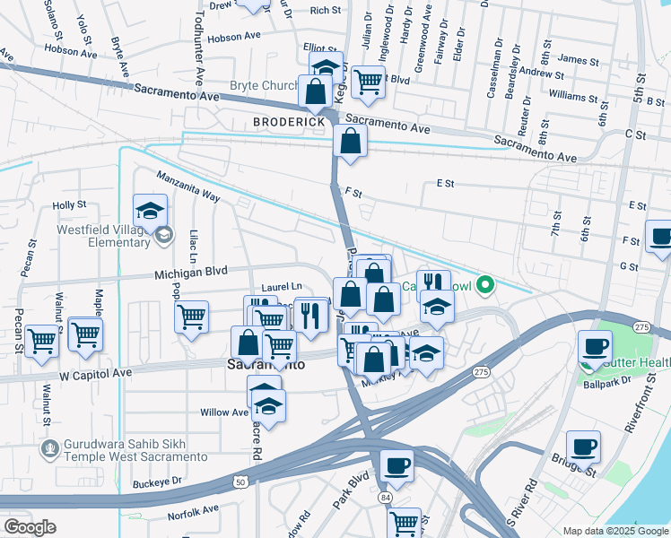 map of restaurants, bars, coffee shops, grocery stores, and more near 501 Michigan Boulevard in West Sacramento