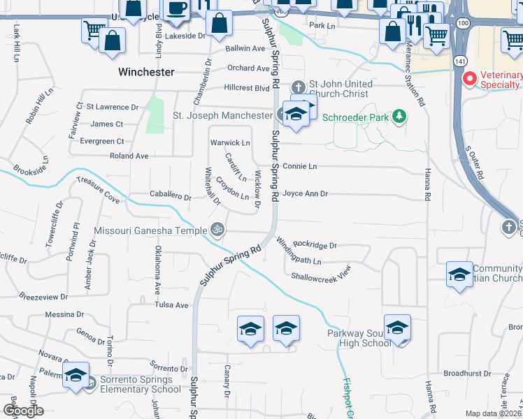 map of restaurants, bars, coffee shops, grocery stores, and more near 611 Sulphur Spring Road in Ballwin