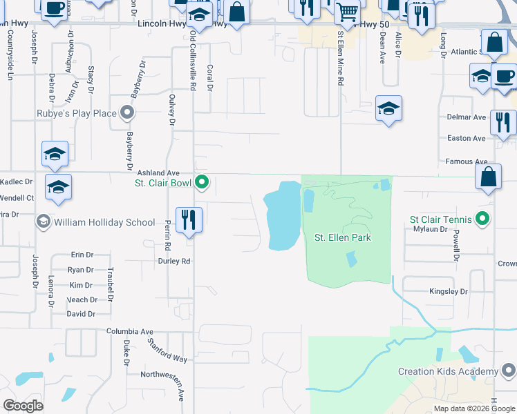 map of restaurants, bars, coffee shops, grocery stores, and more near 131 Remington Court in Fairview Heights