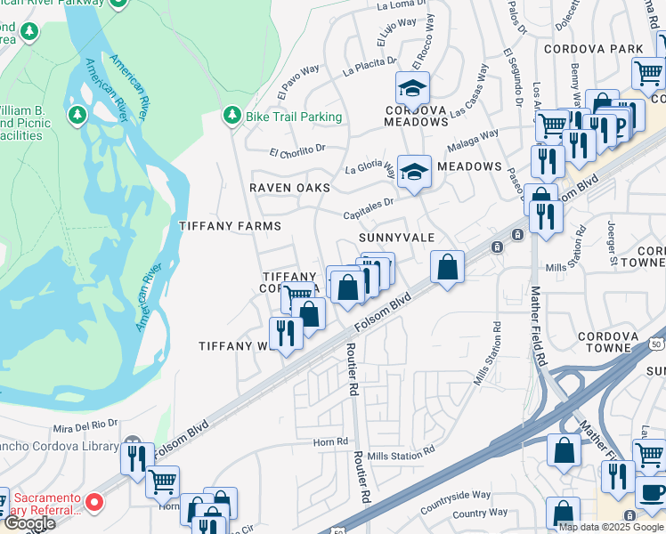 map of restaurants, bars, coffee shops, grocery stores, and more near 4 Terra Loma Drive in Rancho Cordova