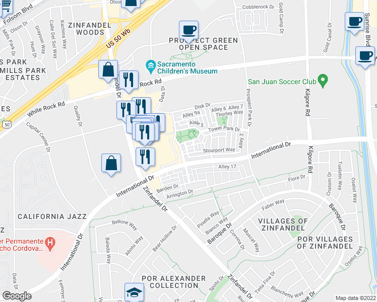 map of restaurants, bars, coffee shops, grocery stores, and more near 10879 Stourport Way in Rancho Cordova