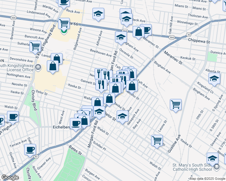 map of restaurants, bars, coffee shops, grocery stores, and more near 4242 Neosho Street in St. Louis