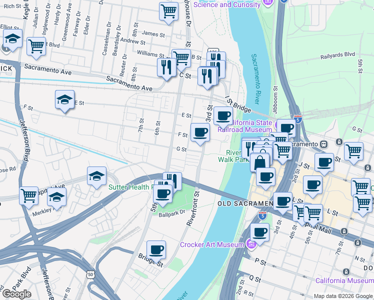 map of restaurants, bars, coffee shops, grocery stores, and more near in West Sacramento