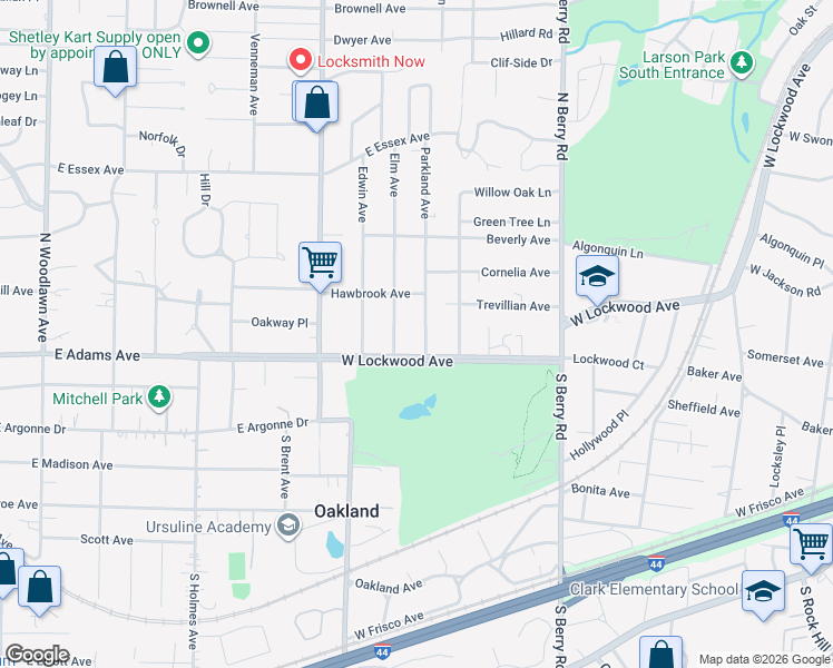 map of restaurants, bars, coffee shops, grocery stores, and more near 21 Parkland Avenue in St. Louis